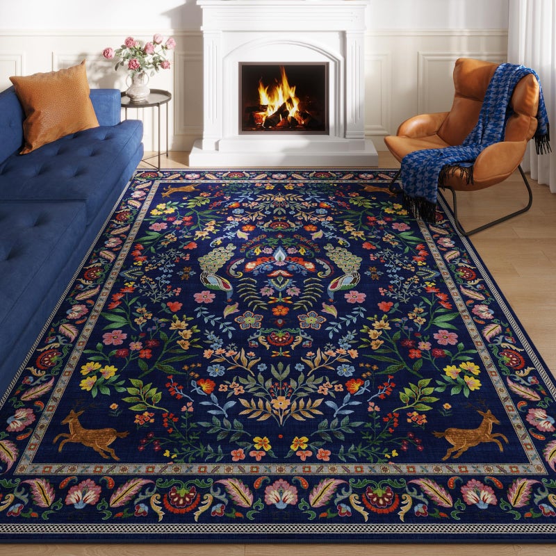 Rugcomf 8x10 Area Rugs for Living Room Washable Rug Floral Non-Slip Large Rug for Living Room, Bedroom, Farmhouse, Dining Room, Kids Playroom(Blue) - Image 1
