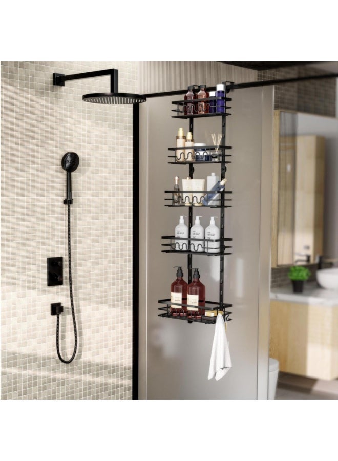 YOUWE7 The Door Bathroom Organizer, 5 Over Tier Over the Shower Caddy, Adjustable Metal Baskets Hanging Bathroom Organizer with 2 Detachable Hooks, Door Organizer and Storage - Image 1