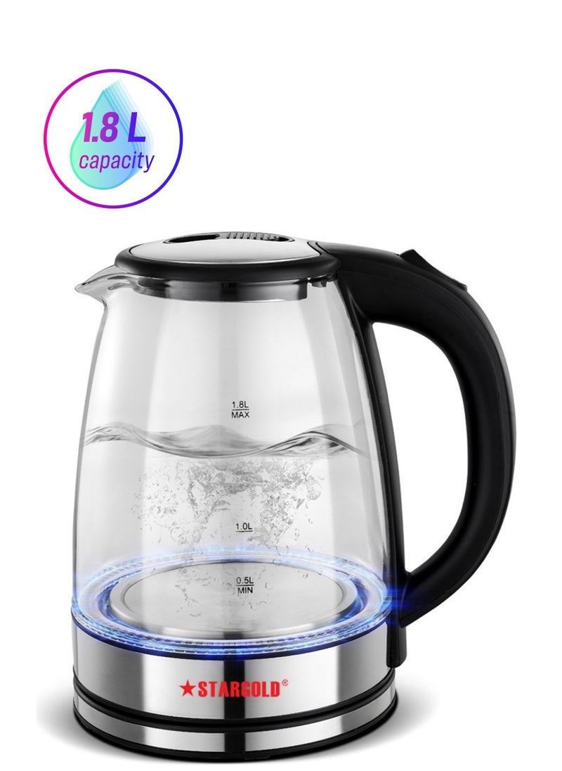 Stargold - Glass Body Electric Kettle with Stainless Steel Lid-Auto Shut Off - Boil Dry Protection - 1500W Wide Opening 1.8L Blue LED Light Indicator Borosilicate Glass Tea Kettle & Hot Water Boiler - Image 1
