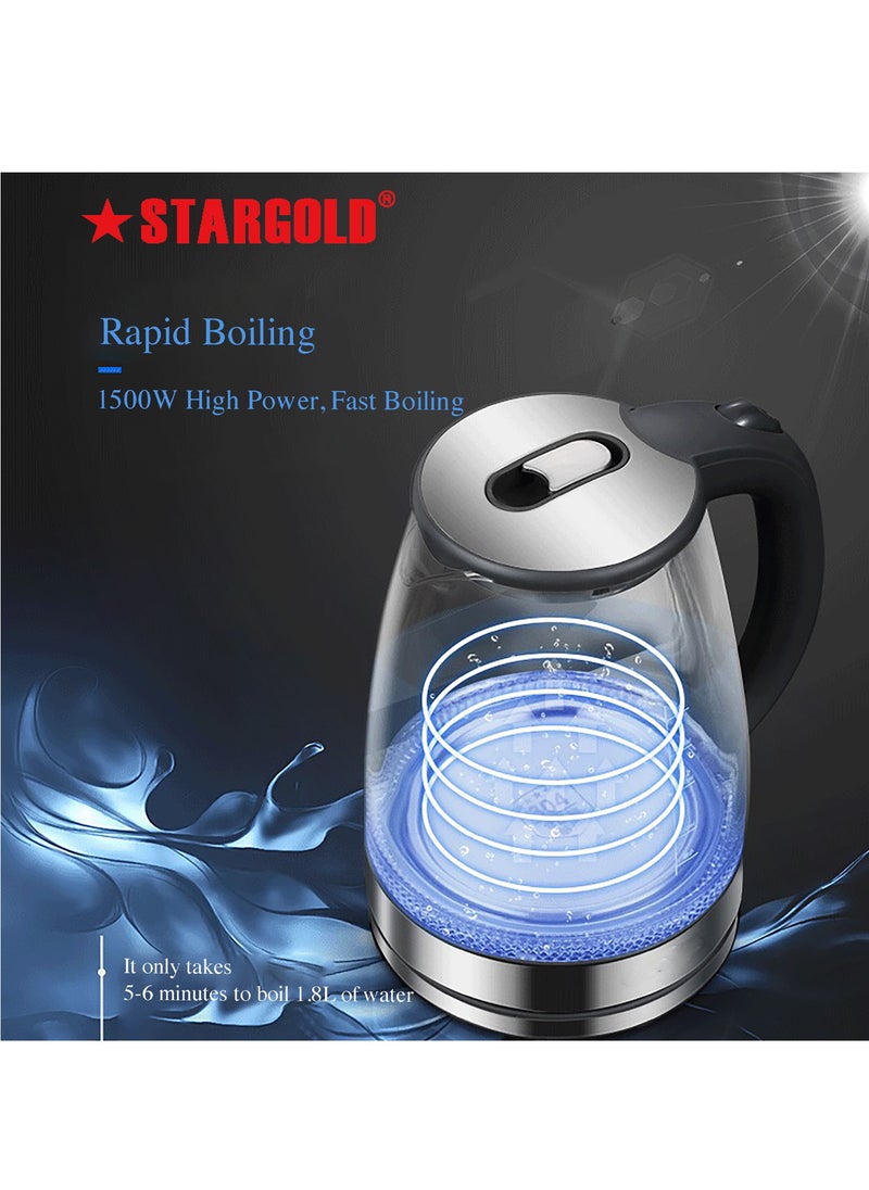 Stargold - Glass Body Electric Kettle with Stainless Steel Lid-Auto Shut Off - Boil Dry Protection - 1500W Wide Opening 1.8L Blue LED Light Indicator Borosilicate Glass Tea Kettle & Hot Water Boiler - Image 1