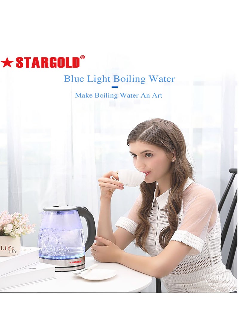 Stargold - Glass Body Electric Kettle with Stainless Steel Lid-Auto Shut Off - Boil Dry Protection - 1500W Wide Opening 1.8L Blue LED Light Indicator Borosilicate Glass Tea Kettle & Hot Water Boiler - Image 1