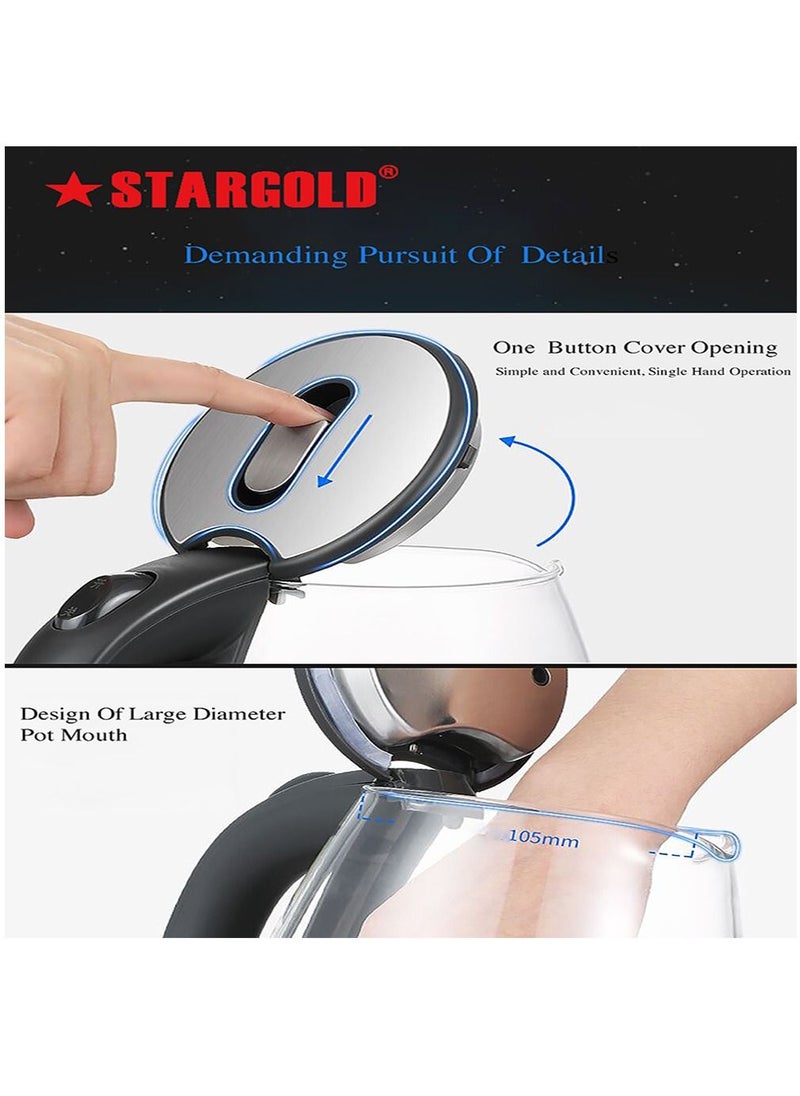Stargold - Glass Body Electric Kettle with Stainless Steel Lid-Auto Shut Off - Boil Dry Protection - 1500W Wide Opening 1.8L Blue LED Light Indicator Borosilicate Glass Tea Kettle & Hot Water Boiler - Image 1