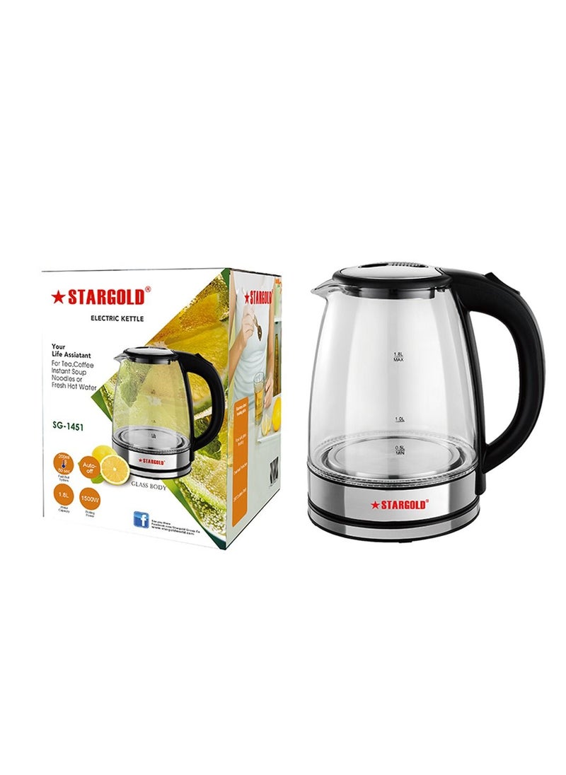 Stargold - Glass Body Electric Kettle with Stainless Steel Lid-Auto Shut Off - Boil Dry Protection - 1500W Wide Opening 1.8L Blue LED Light Indicator Borosilicate Glass Tea Kettle & Hot Water Boiler - Image 1