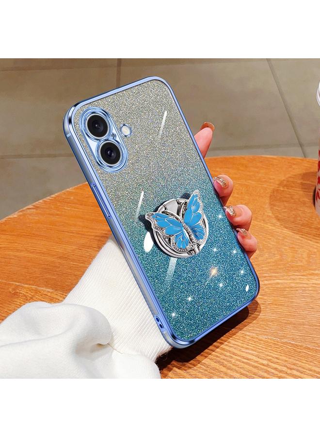 The Bros Case For iPhone 16 Plus Plated Gradient Glitter Butterfly Holder TPU Phone Case