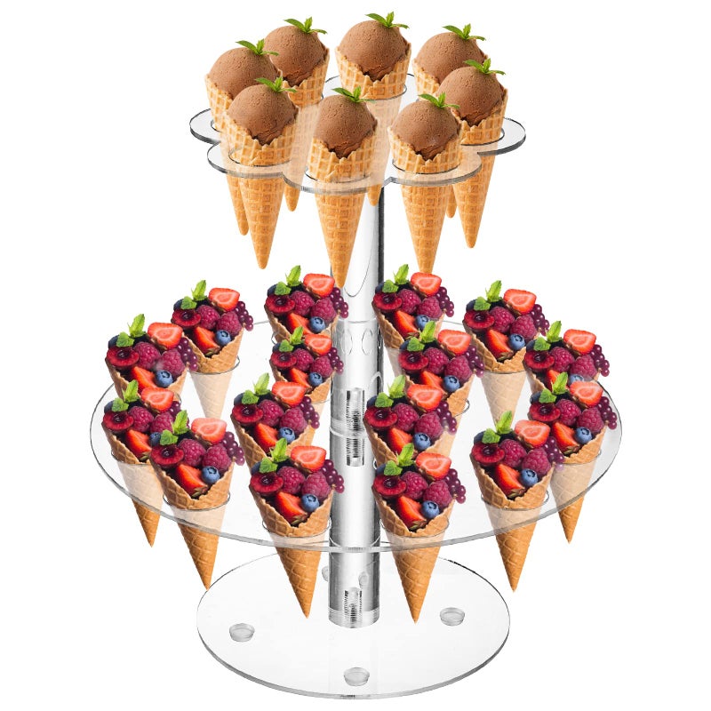 Hacaroa Acrylic Ice Cream Cone Holder 24 Holes Waffle Sushi Hand Roll Stand Double Layer Cone Display Stand Clear Food Display Stand Rack for Birthday Parties Weddings Christmas Flower Shape