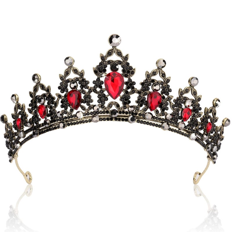 SuPoo Black Crown Tiara for Women  Red Crystal Headband Gothic Princess Party Costume Decoration Queen of Hearts Hair Accessory Gift for Halloween Prom