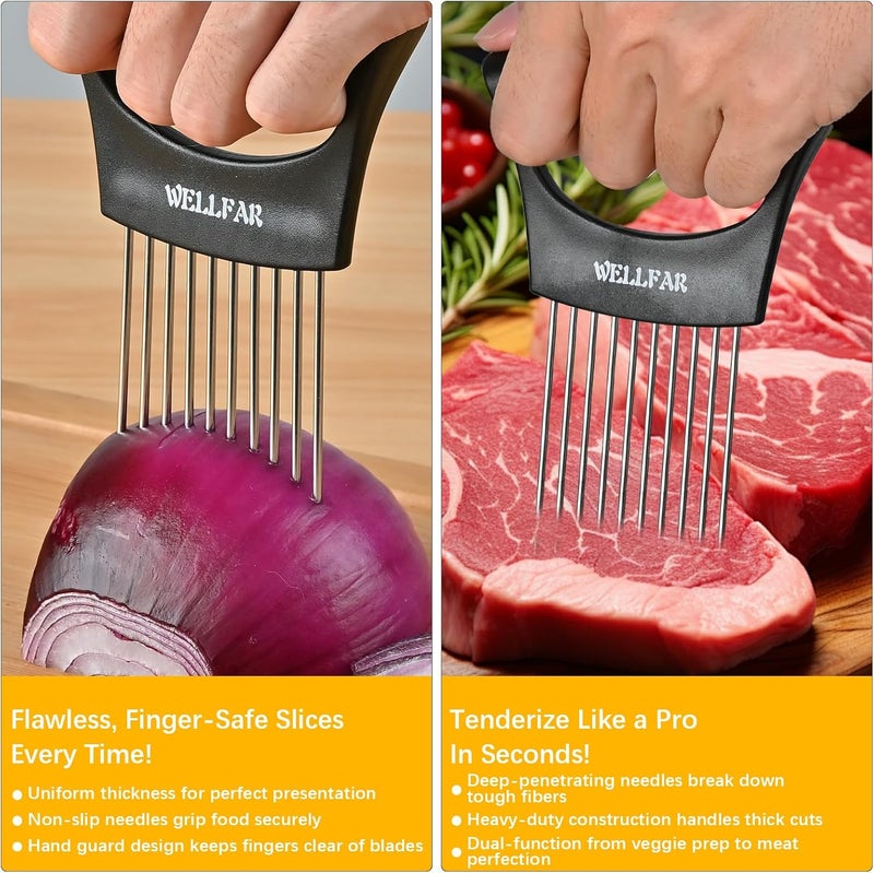 WELLFAR 【2 PCS】Onion Slicer Holder - Onion Holder for Slicing, Vegetable Chopper & Cutter Tool for Potato, Lemon, Tomatoes, Stainless Steel Kitchen Gadget with Guide Rack, Meat Prep & Food Essentials. - Image 4