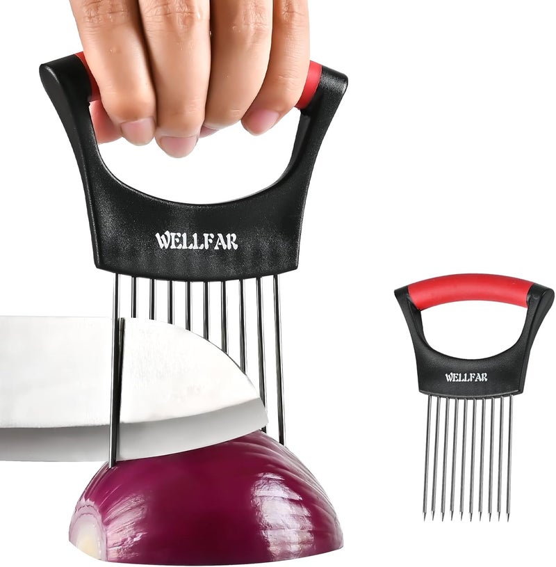 WELLFAR 【2 PCS】Onion Slicer Holder - Onion Holder for Slicing, Vegetable Chopper & Cutter Tool for Potato, Lemon, Tomatoes, Stainless Steel Kitchen Gadget with Guide Rack, Meat Prep & Food Essentials. - Image 1