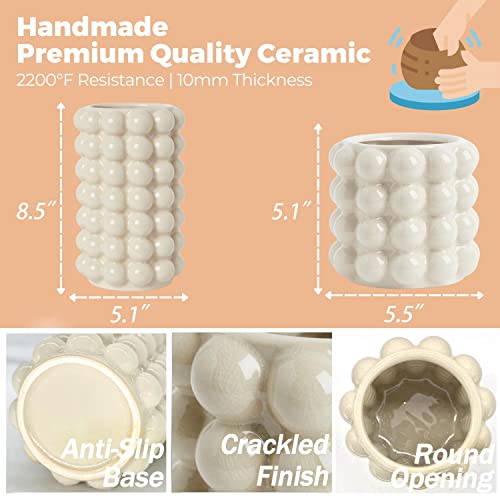 YANWE1 Bubble Vases, Set of 2 Ceramic Vase for Flowers, Boho Ceramic Flower Vases for Decor, Tall Bubble Vase for Living Room, Dining Table, Wedding, Mantel, Coffee Table(Beige) - Image 2