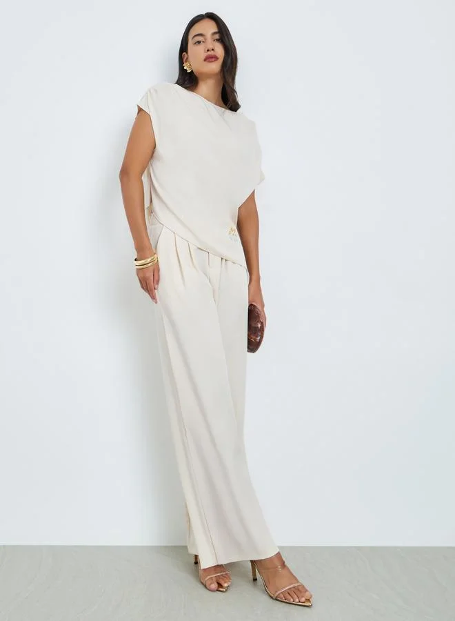 Styli Embroidered Short Sleeve Top and Wide Leg Pants Co-Ords