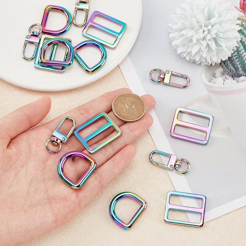klarako 15pcs Rainbow Swivel Snaps Hooks, DIY Purse Making Clasps Set Include U-Shape Lobster Claw Clasps D Rings and Tri-Glides Adjustment Buckle for Purse Backpack Strap Pet Collar Making - Image 3