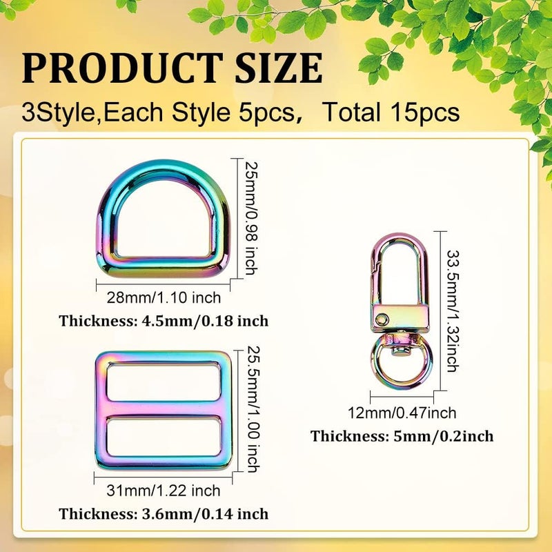 klarako 15pcs Rainbow Swivel Snaps Hooks, DIY Purse Making Clasps Set Include U-Shape Lobster Claw Clasps D Rings and Tri-Glides Adjustment Buckle for Purse Backpack Strap Pet Collar Making - Image 2