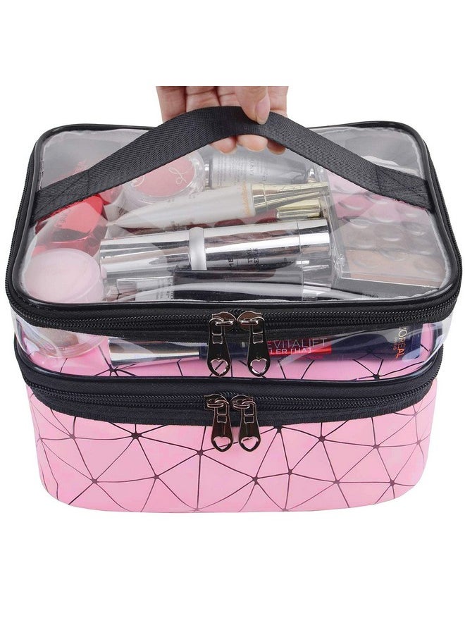 INOVERA (LABEL) - Faux Leather Double Layer Cosmetics Makeup Toiletries Storage Organizer Cosmetic Bag (Pink - Diamond), 22.5 X 16.5 X 15 Centimeters - Image 1