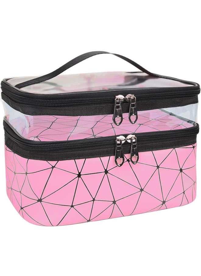 INOVERA (LABEL) - Faux Leather Double Layer Cosmetics Makeup Toiletries Storage Organizer Cosmetic Bag (Pink - Diamond), 22.5 X 16.5 X 15 Centimeters - Image 1