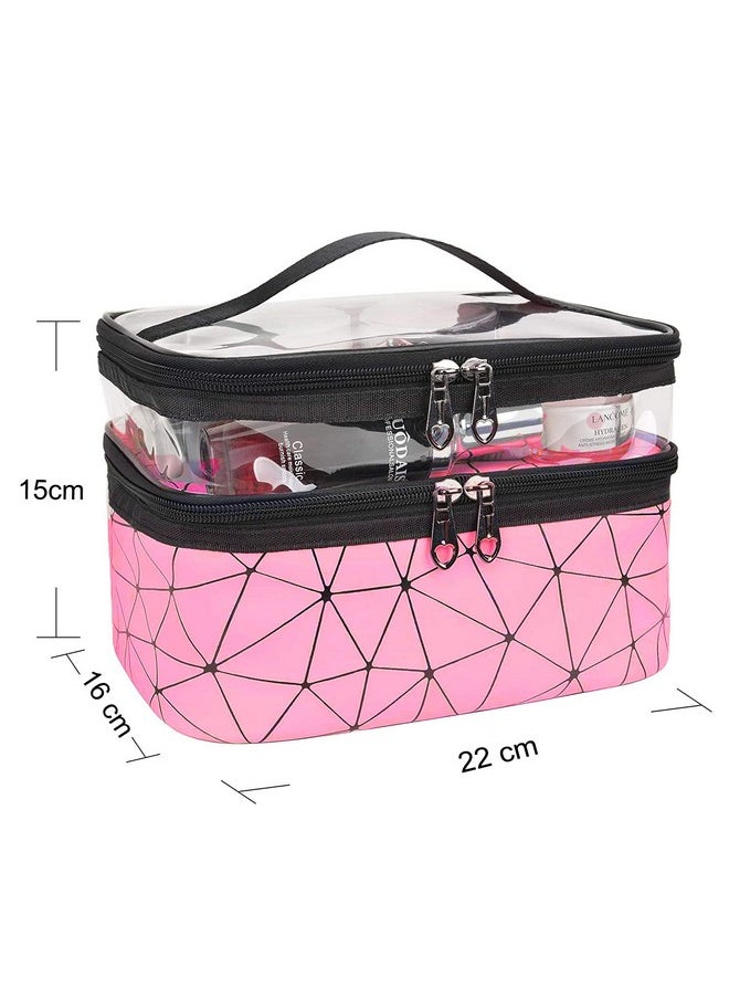INOVERA (LABEL) - Faux Leather Double Layer Cosmetics Makeup Toiletries Storage Organizer Cosmetic Bag (Pink - Diamond), 22.5 X 16.5 X 15 Centimeters - Image 1