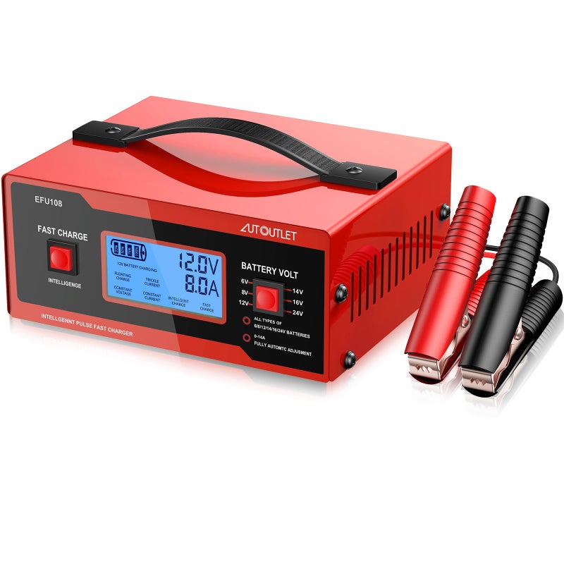 Autoutlet Upgraded 8 Volt Battery Charger For Golf Cart Automotive Battery Charger And Maintainer 0-10A With Cable Clamps For 6/8/12/14/16/24V Lead-Acid Batteries - Image 1