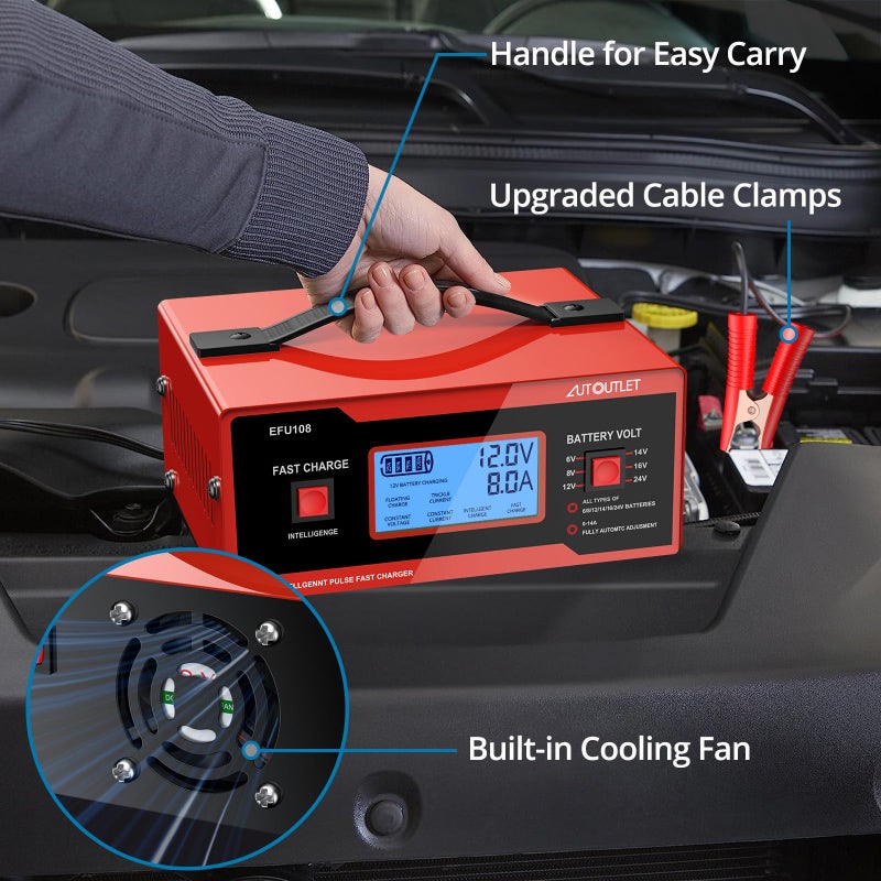 Autoutlet Upgraded 8 Volt Battery Charger For Golf Cart Automotive Battery Charger And Maintainer 0-10A With Cable Clamps For 6/8/12/14/16/24V Lead-Acid Batteries - Image 3