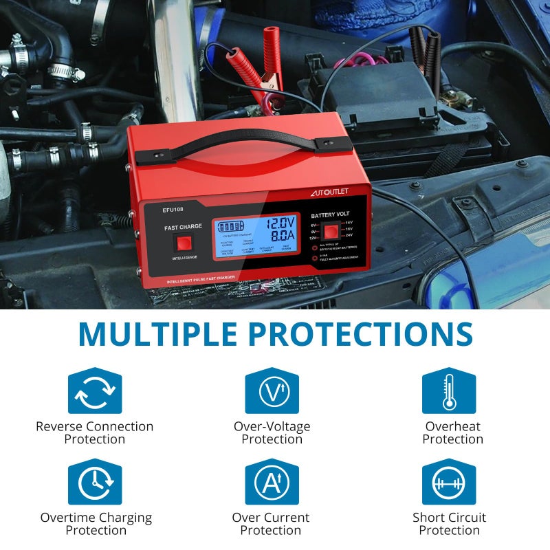 Autoutlet Upgraded 8 Volt Battery Charger For Golf Cart Automotive Battery Charger And Maintainer 0-10A With Cable Clamps For 6/8/12/14/16/24V Lead-Acid Batteries - Image 2