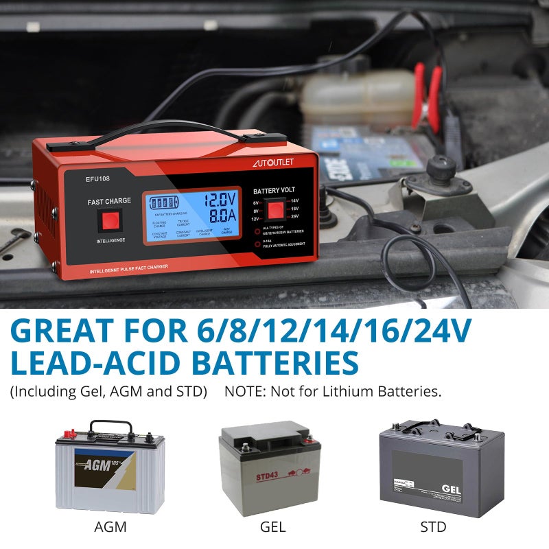 Autoutlet Upgraded 8 Volt Battery Charger For Golf Cart Automotive Battery Charger And Maintainer 0-10A With Cable Clamps For 6/8/12/14/16/24V Lead-Acid Batteries - Image 4