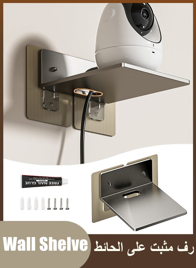 رف تثبيت على الحائط للكاميرا، رف تثبيت على الحائط لجهاز توجيه واي فاي من سبائك الألومنيوم، رف مودم صغير بدون ثقب، حامل حائط لصندوق الكابل، حامل حائط لجهاز التوجيه مقاوم للصدأ، حامل حائط مع 3 أنواع من التركيب سهل التركيب، حامل معدني لجهاز التوجيه أسفل التلفزيون لجهاز العرض وجهاز توجيه واي فاي والكاميرا ووحدة التحكم في الألعاب وصندوق التلفزيون - Image 1