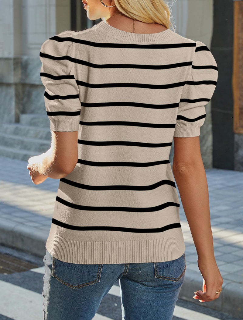 Sampeel Womens Tops Dressy Casual Spring Summer Short Sleeve Shirts Sweaters Blouses Business Casual Outfits Work Beach Vacation Clothes Black Striped Shirts Trendy 2026 S - Image 5