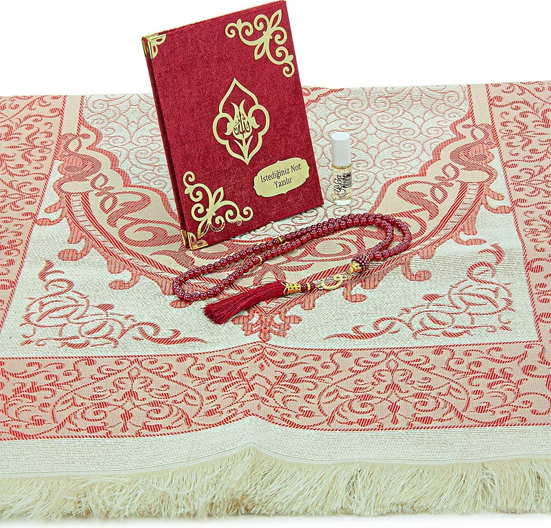 ايهفان اونلاين Gift 4 Piece Mevlid Set Personalized Velvet Covered Yasin, Prayer Rug Set with Prayer Beads - Red
