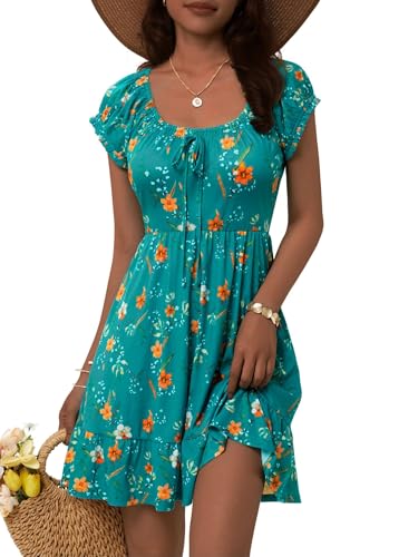 HUHOT Spirng Sundresses for Women Over 50 Beach Country Concert Easter Sun Dress Seniors Vestidos De Vera Green Floral Ruffle Casual Teens Summer Fit and Flare Petite Sundress Mini Flower - Image 1