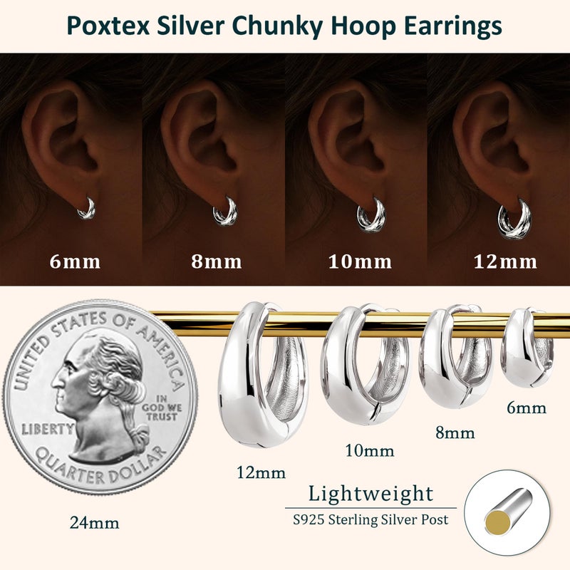 Poxtex 925 Sterling Silver Thick Chunky Huggie Hoop Earrings for Women, Hypoallergenic Small Cartilage Hoops Stacks, Lightweight Dainty Jewelry Set for Multiple Piercings 4 Pairs 6/8/10/12mm - Image 4