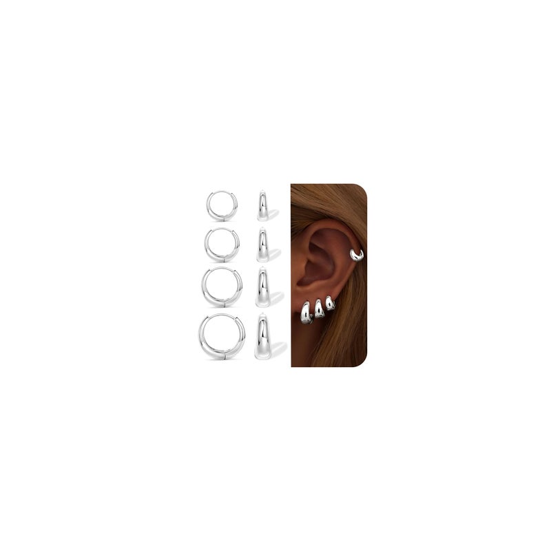 Poxtex 925 Sterling Silver Thick Chunky Huggie Hoop Earrings for Women, Hypoallergenic Small Cartilage Hoops Stacks, Lightweight Dainty Jewelry Set for Multiple Piercings 4 Pairs 6/8/10/12mm - Image 1