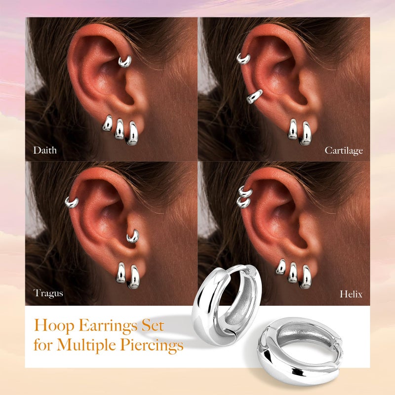 Poxtex 925 Sterling Silver Thick Chunky Huggie Hoop Earrings for Women, Hypoallergenic Small Cartilage Hoops Stacks, Lightweight Dainty Jewelry Set for Multiple Piercings 4 Pairs 6/8/10/12mm - Image 3