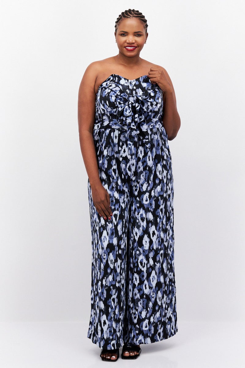 Nina Parker Women Plus Size Allover Print Strapless Wide Leg Jumpsuit, Black  - Image 1