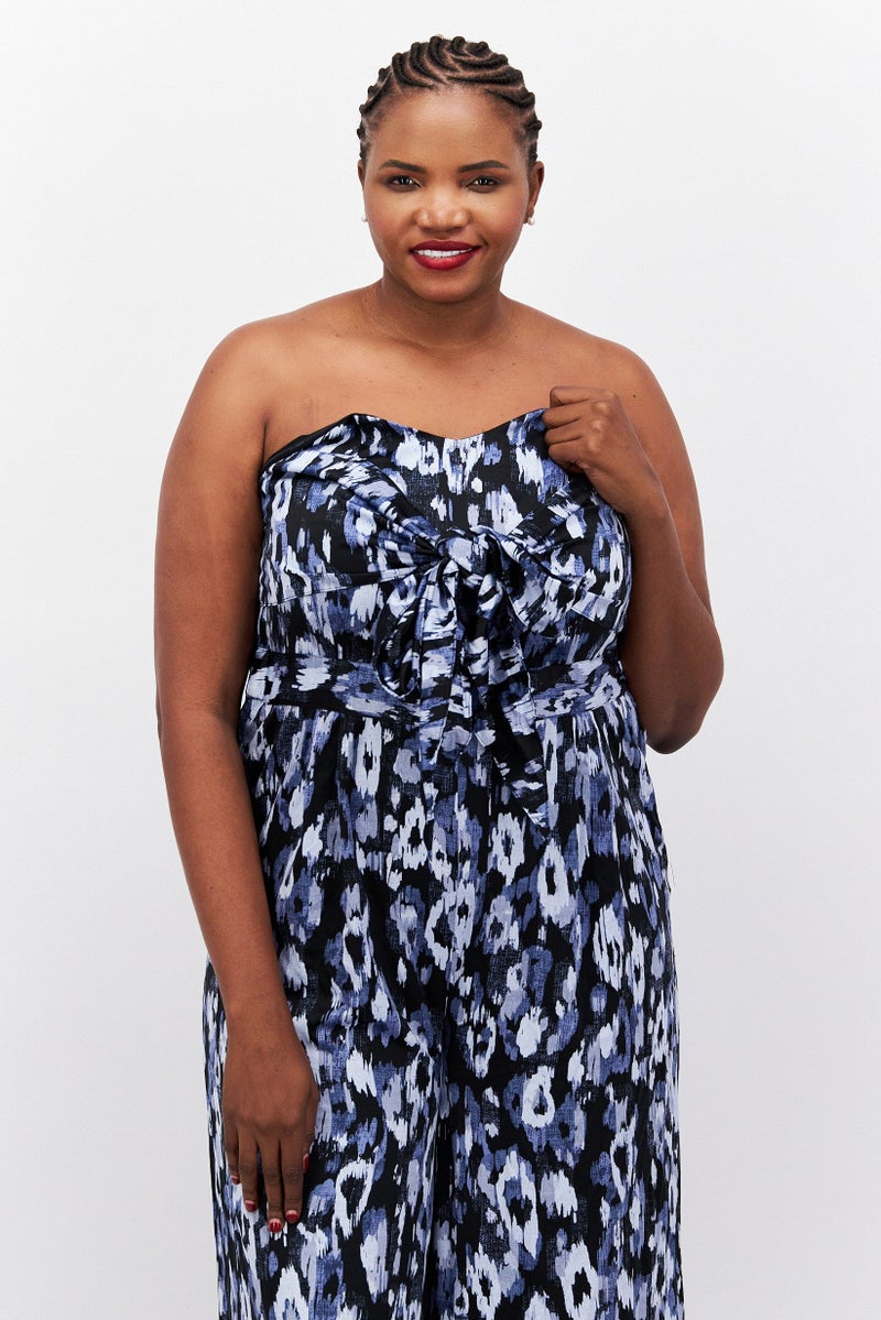 Nina Parker Women Plus Size Allover Print Strapless Wide Leg Jumpsuit, Black  - Image 2