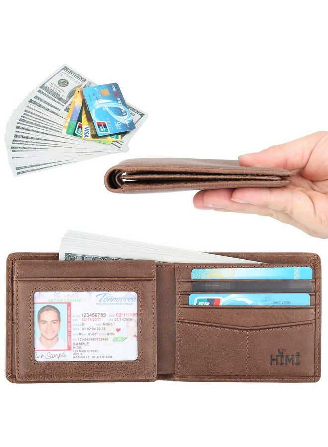 هيمي محفظة رجالية - محفظة أنيقة ثنائية الطي من الجلد الطبيعي مزودة بخاصية حجب RFID مع نافذتين لبطاقة الهوية (لون القهوة) - Image 1