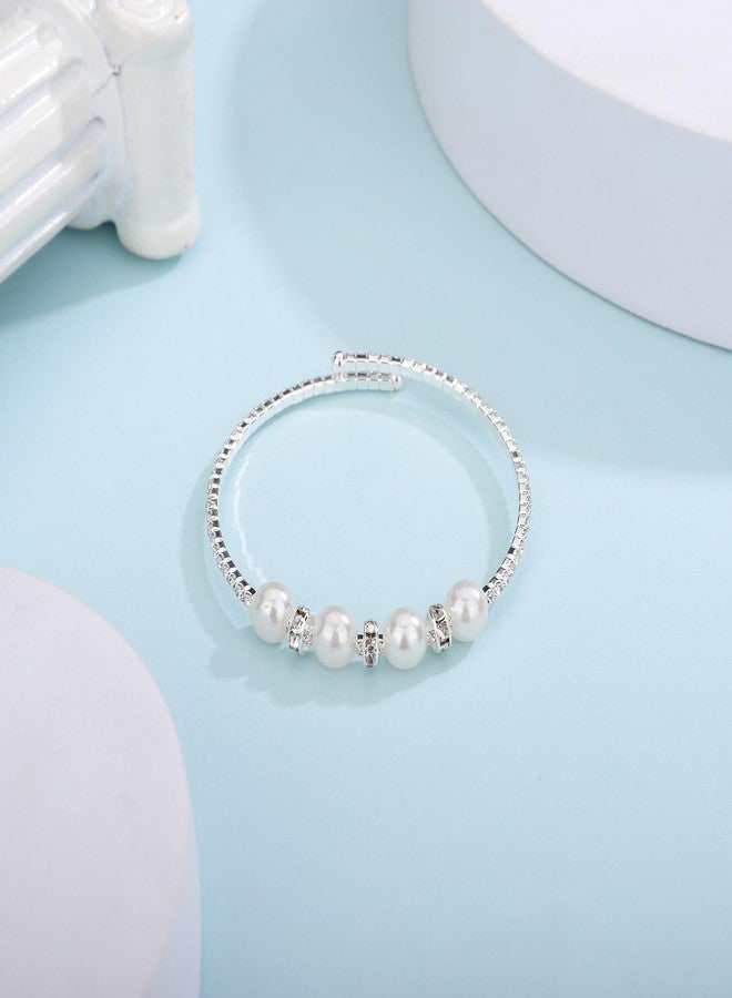 YERTTER Simple Vintage Open Cuff Pearl Crystal Bangle Bracelet Rhinestone Pearl Bangle Bracelet Gift for Women Brides for Prom Party Wedding Dating (Silver) - Image 5