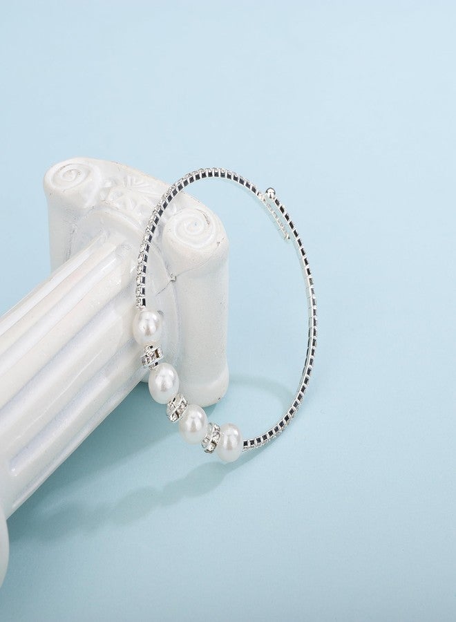 YERTTER Simple Vintage Open Cuff Pearl Crystal Bangle Bracelet Rhinestone Pearl Bangle Bracelet Gift for Women Brides for Prom Party Wedding Dating (Silver) - Image 4