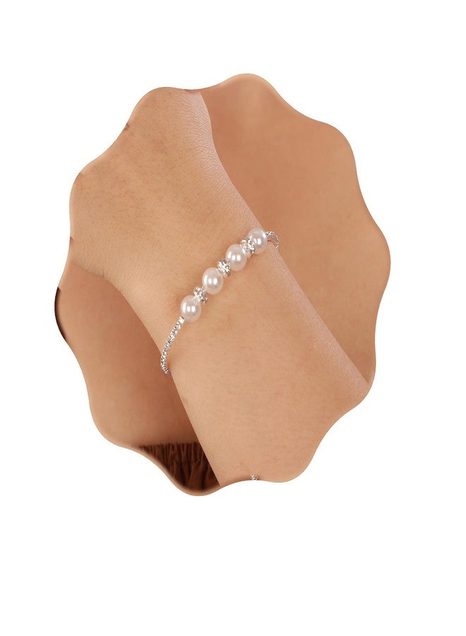 YERTTER Simple Vintage Open Cuff Pearl Crystal Bangle Bracelet Rhinestone Pearl Bangle Bracelet Gift for Women Brides for Prom Party Wedding Dating (Silver) - Image 1