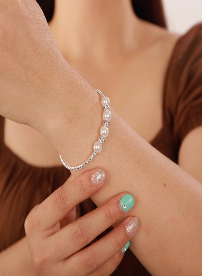 YERTTER Simple Vintage Open Cuff Pearl Crystal Bangle Bracelet Rhinestone Pearl Bangle Bracelet Gift for Women Brides for Prom Party Wedding Dating (Silver) - Image 2