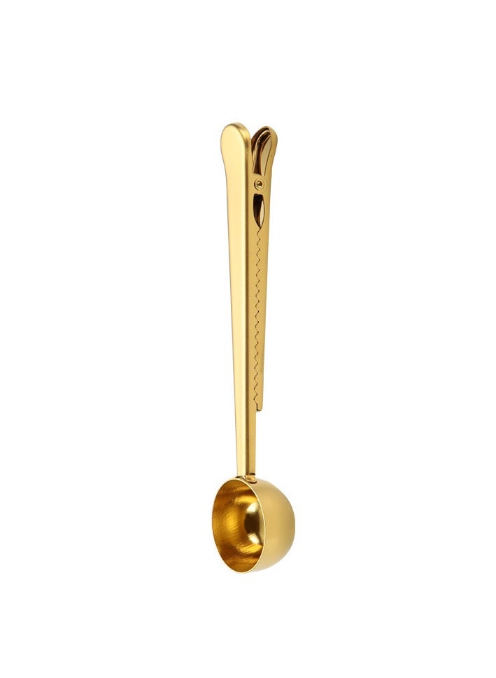 2 in 1 Coffee Spoon With Clip Stainless Steel Tablespoon with Long Handle Sealing Bag Clip (Gold)  - Image 1