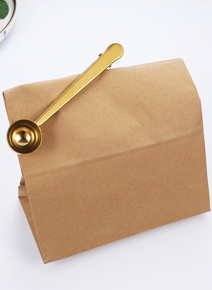 2 in 1 Coffee Spoon With Clip Stainless Steel Tablespoon with Long Handle Sealing Bag Clip (Gold)  - Image 2