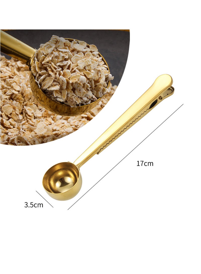 2 in 1 Coffee Spoon With Clip Stainless Steel Tablespoon with Long Handle Sealing Bag Clip (Gold)  - Image 3