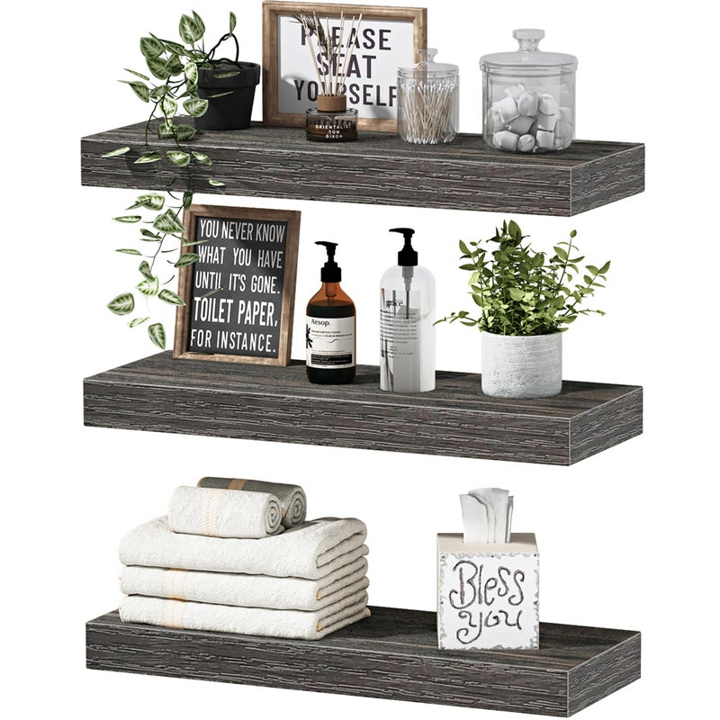 QEEIG Floating Shelves for Wall Bathroom Shelf Bedroom Kitchen Living Room Hanging Book Shelves Small Farmhouse Decor 16 inch Set of 3, Grey (015-GY3) - Image 1