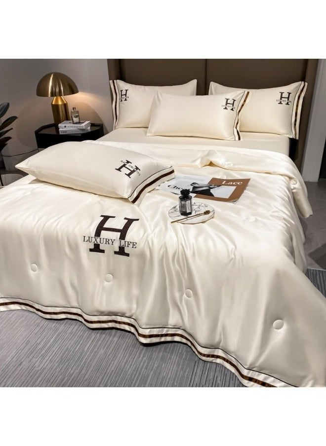 CCOVERY Satin Bed Sheets Soft 4Pcs Sheet Set Cooling Silk Bedding Set with Deep Pocket Fitted Sheet Quilt Cover and Pillowcase Beige  - Image 1