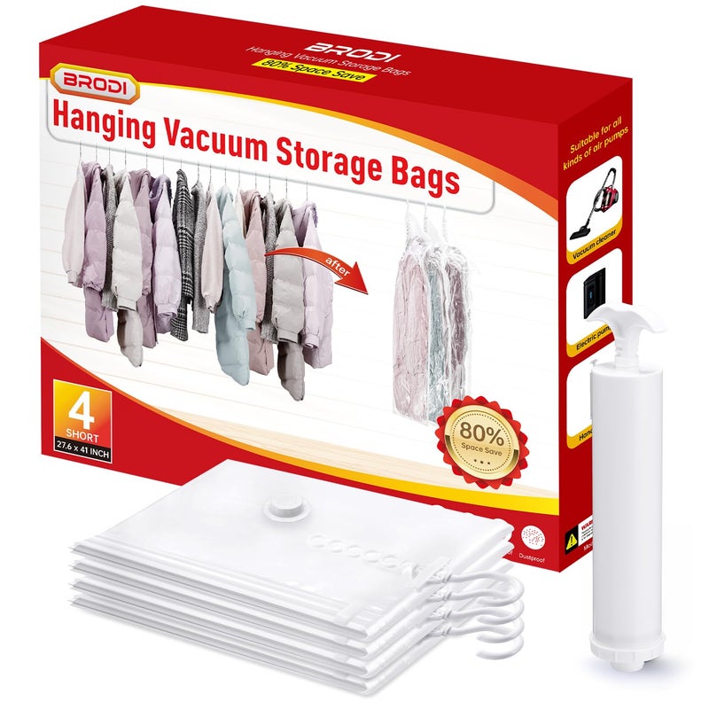 Brodi Hanging Vacuum Storage Bags For Clothes With Hand Pump,Coat Storage Bag Hanging,Vacuum Bags For Clothes,Space Saver Vacuum Storage Bags,Garment, Clothing, Dress, Suit, Long Coat, Jacket(Short 4 Packï¼‰ - Image 1