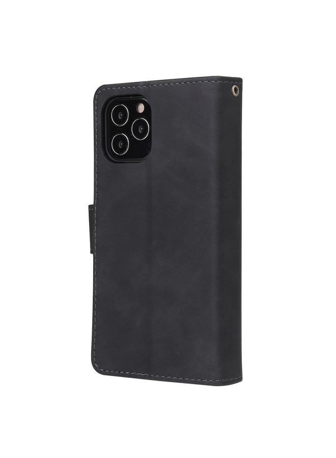 اس-توب جراب لهاتف iPhone 12 Pro Max متعدد الوظائف بتصميم كلاسيكي غير لامع من الجلد مع فتحة للبطاقات وحامل ومحفظة بسحاب وإطار للصور وحبل - Image 3