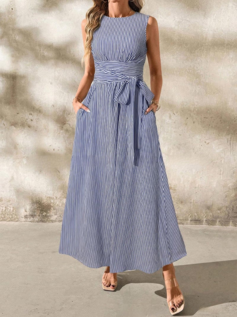 ebossy Women's Striped Shirt Dress Casual Crewneck Tie Waist Sleeveless A-Line Maxi Cotton Dress with Pockets (X-Small, Navy) - Image 2