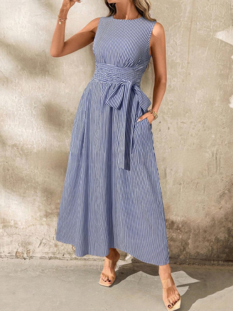 ebossy Women's Striped Shirt Dress Casual Crewneck Tie Waist Sleeveless A-Line Maxi Cotton Dress with Pockets (X-Small, Navy) - Image 5