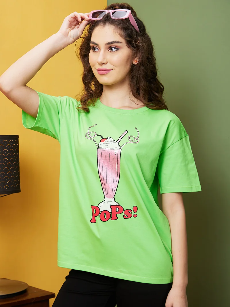 Women Green Graphic Printed Boxy Pure Cotton T-Shirt