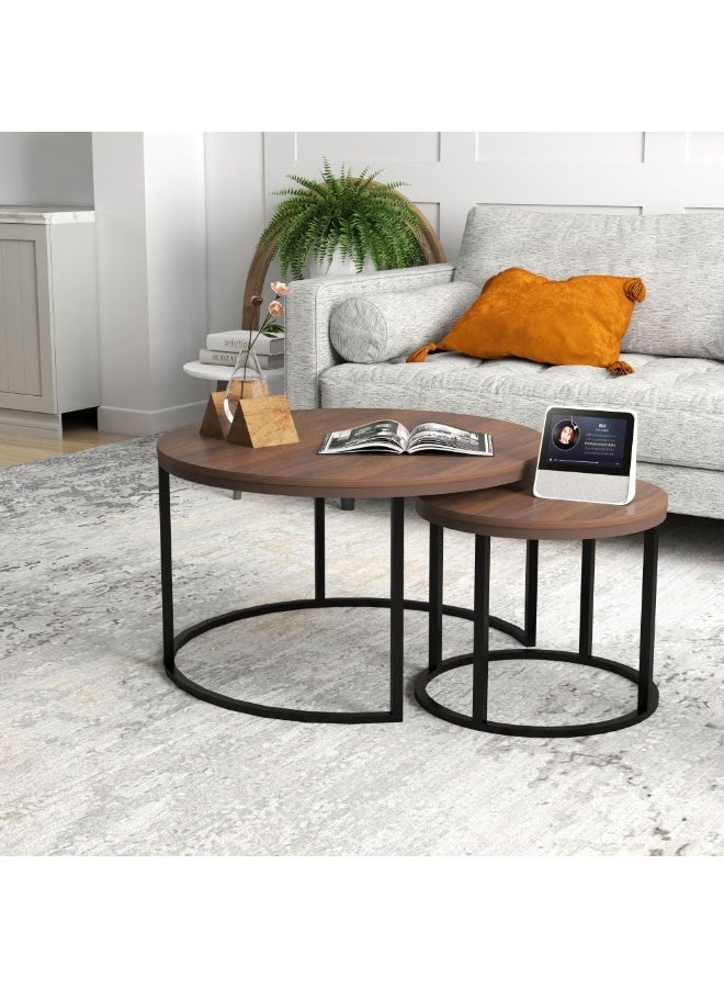DANUBE HOME Asgard Set of 2 Round Coffee Tables - Stylish Walnut/Black Finish, Durable Engineered Wood & Metal, Ideal for Living Room Furniture - Size L80xW80xH48cm - Image 1