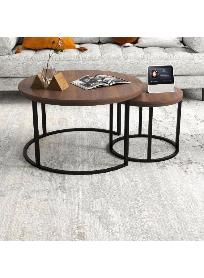 DANUBE HOME Asgard Set of 2 Round Coffee Tables - Stylish Walnut/Black Finish, Durable Engineered Wood & Metal, Ideal for Living Room Furniture - Size L80xW80xH48cm - Image 2