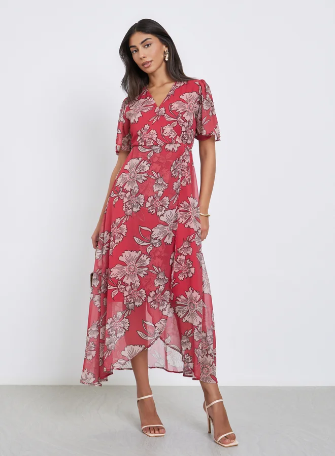 Styli Styli Red Floral Wrap Maxi Dress